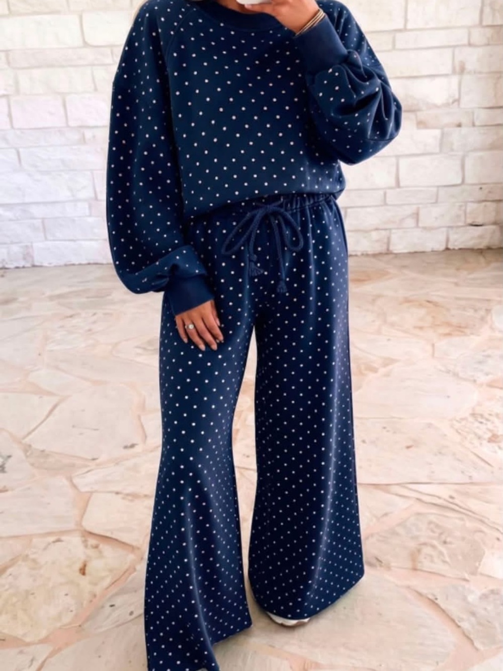Navy Polka Dot Wide-Leg Lounge Pants & Cropped Top